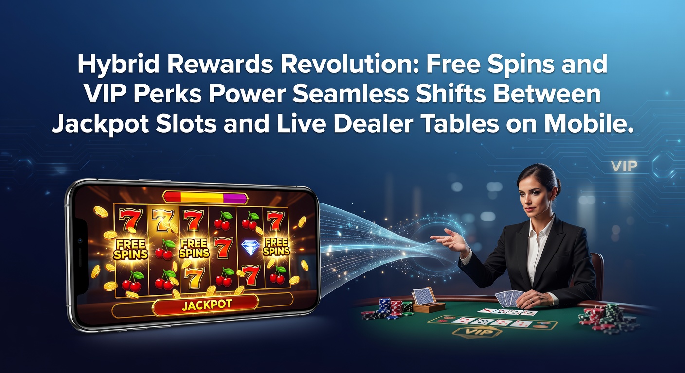 Smartphone-Bildschirm zeigt Jackpot-Slot neben Live-Dealer-Tisch mit Free-Spins-Overlay und VIP-Badges