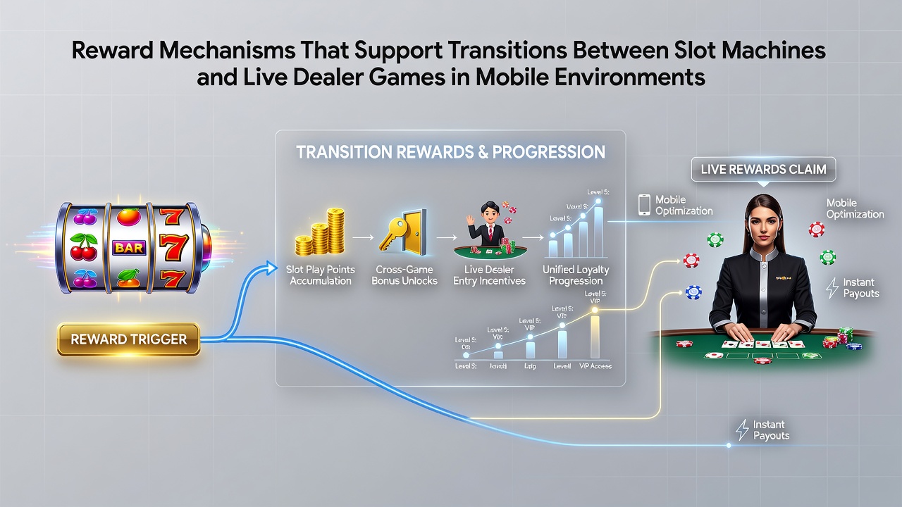 Smartphone-Display mit Live-Dealer-Tisch und Slot-Interface nebeneinander mit aktiviertem Treuepunkte-Balken