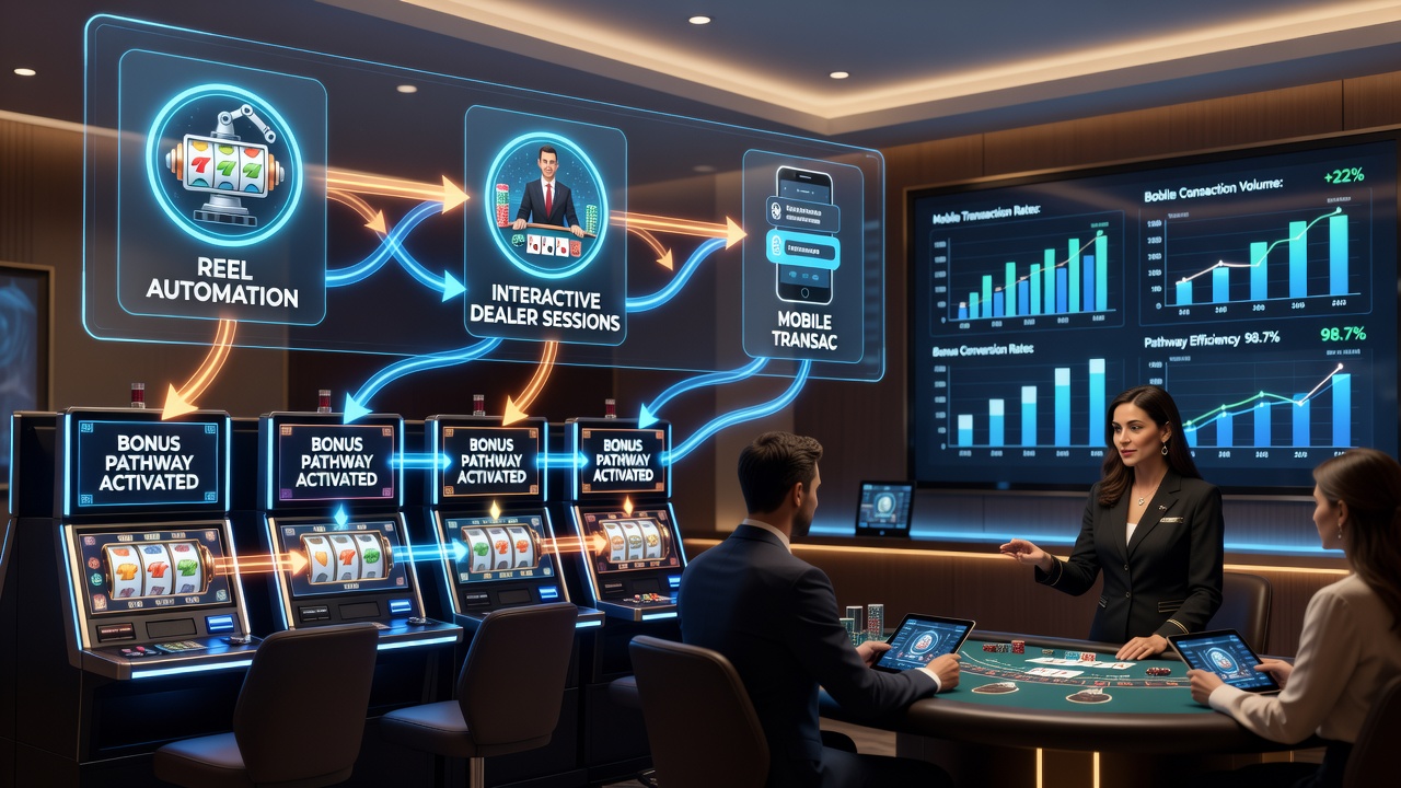 Darstellung von Bonus-Pfaden zwischen Slot-Reels und Live-Dealer-Tischen auf mobilen Geräten